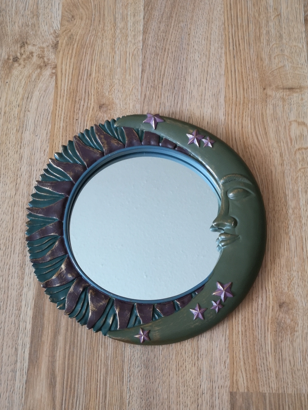 Fantastic Vintage Celestial Moon Sun & Stars Round Hanging Mirror 9.5" Diameter